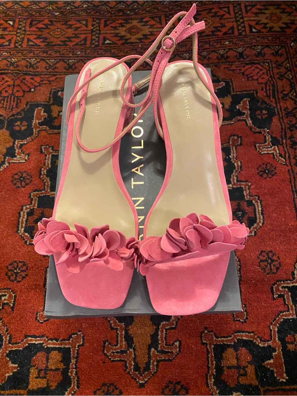 Ann Taylor Pink Floral Suede Ankle-Strap Heels
